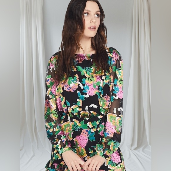 Saloni Felicia Dress Silk Crepe Hydrangea Floral Tiered Ruffle Mini US 0 UK 4 - Picture 1 of 12